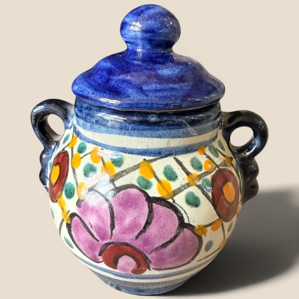 Vintage Talavera Sugar Bowl Mexican Folk Art Pottery Hand Painted Lidded Jar